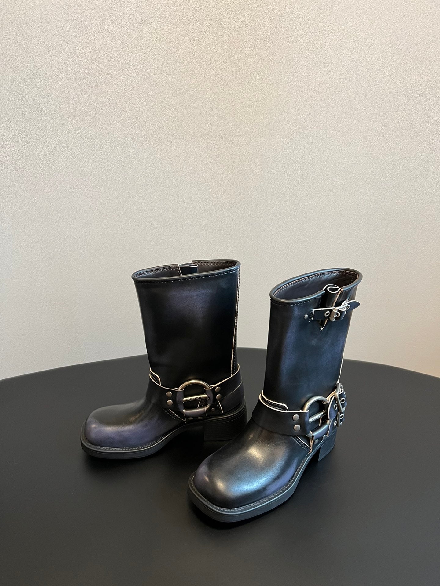 MIUMIU 26S MID-CALF BOOTS IN BLACK CALFSKIN SILVER HARDWARE