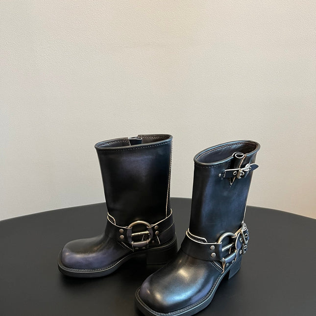 MIUMIU 26S MID-CALF BOOTS IN BLACK CALFSKIN SILVER HARDWARE