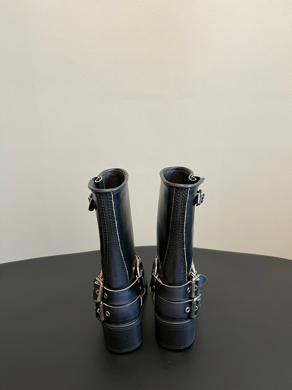 MIUMIU 26S MID-CALF BOOTS IN BLACK CALFSKIN SILVER HARDWARE