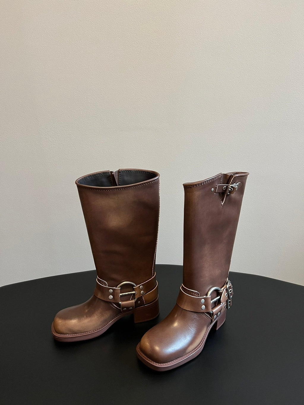 MIUMIU 26S KNEE-HIGH BOOTS IN BROWN CALFSKIN SILVER HARDWARE
