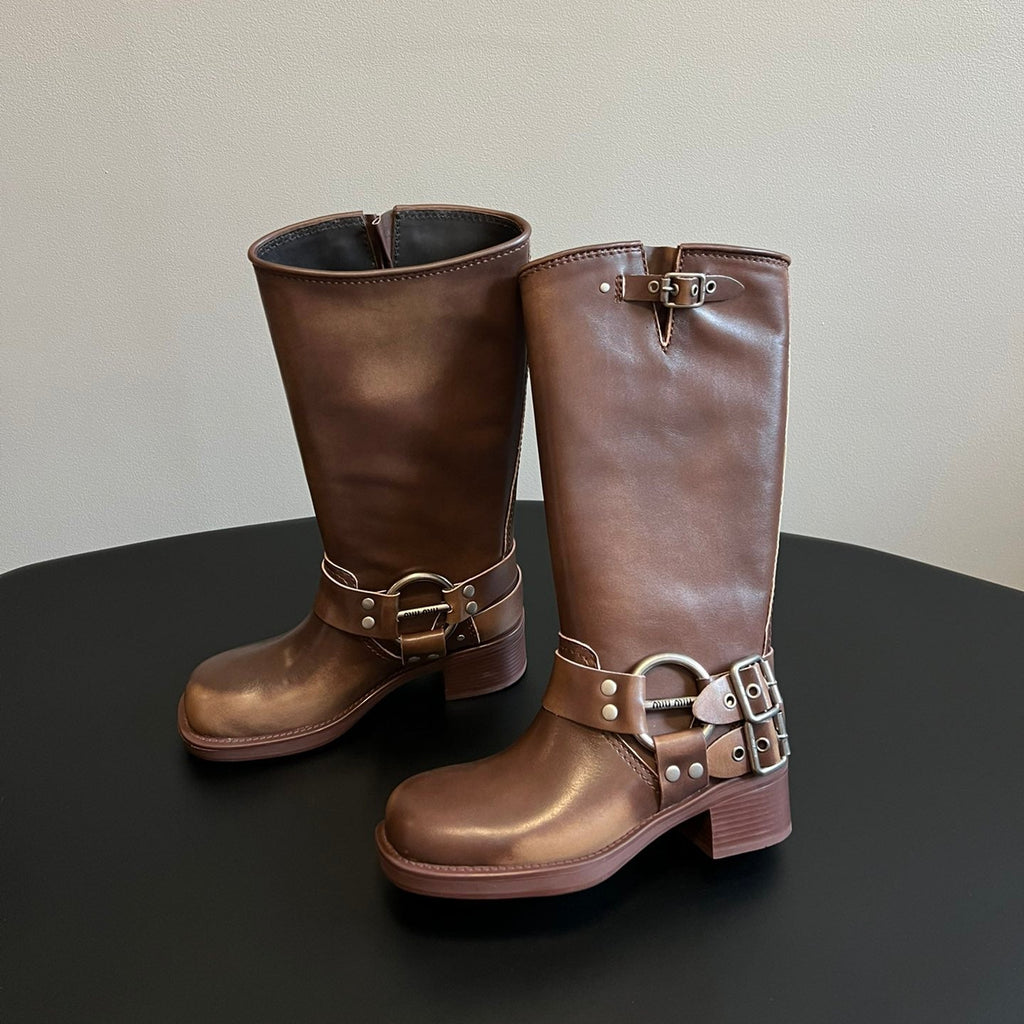 MIUMIU 26S KNEE-HIGH BOOTS IN BROWN CALFSKIN SILVER HARDWARE