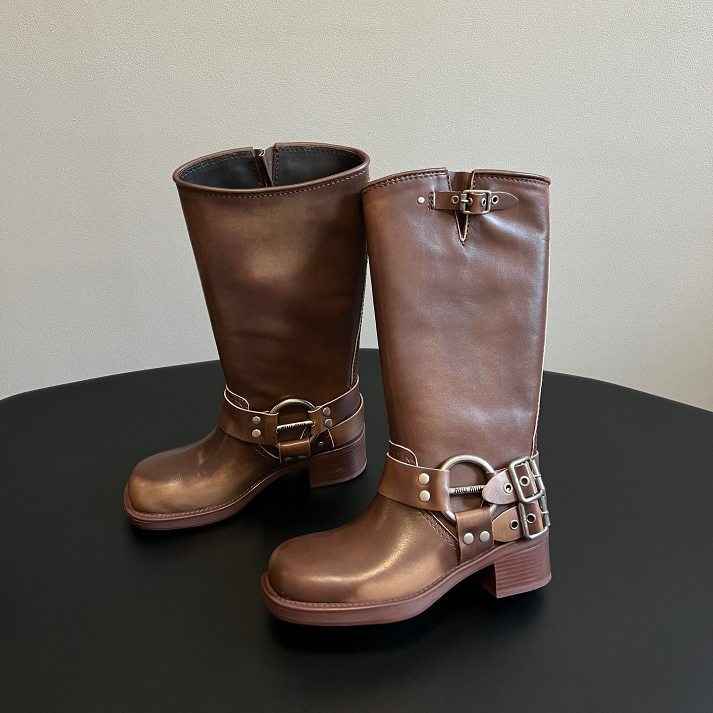 MIUMIU 26S KNEE-HIGH BOOTS IN BROWN CALFSKIN SILVER HARDWARE