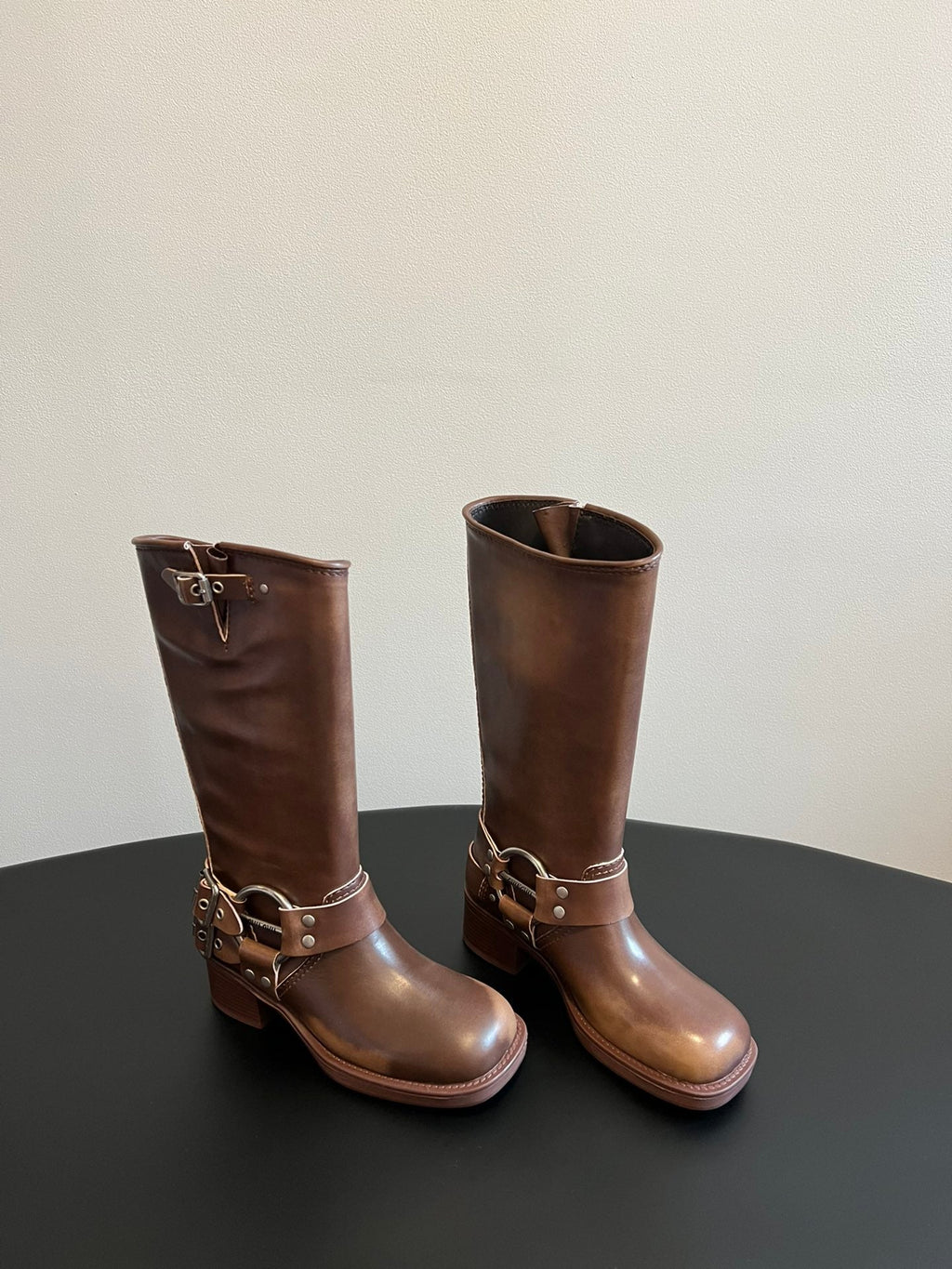 MIUMIU 26S KNEE-HIGH BOOTS IN BROWN CALFSKIN SILVER HARDWARE