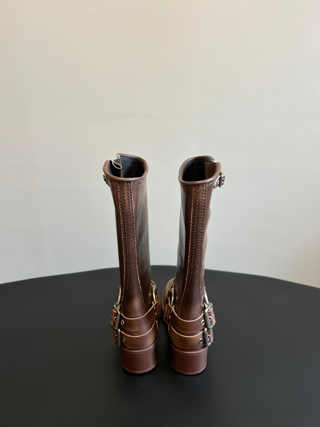 MIUMIU 26S KNEE-HIGH BOOTS IN BROWN CALFSKIN SILVER HARDWARE