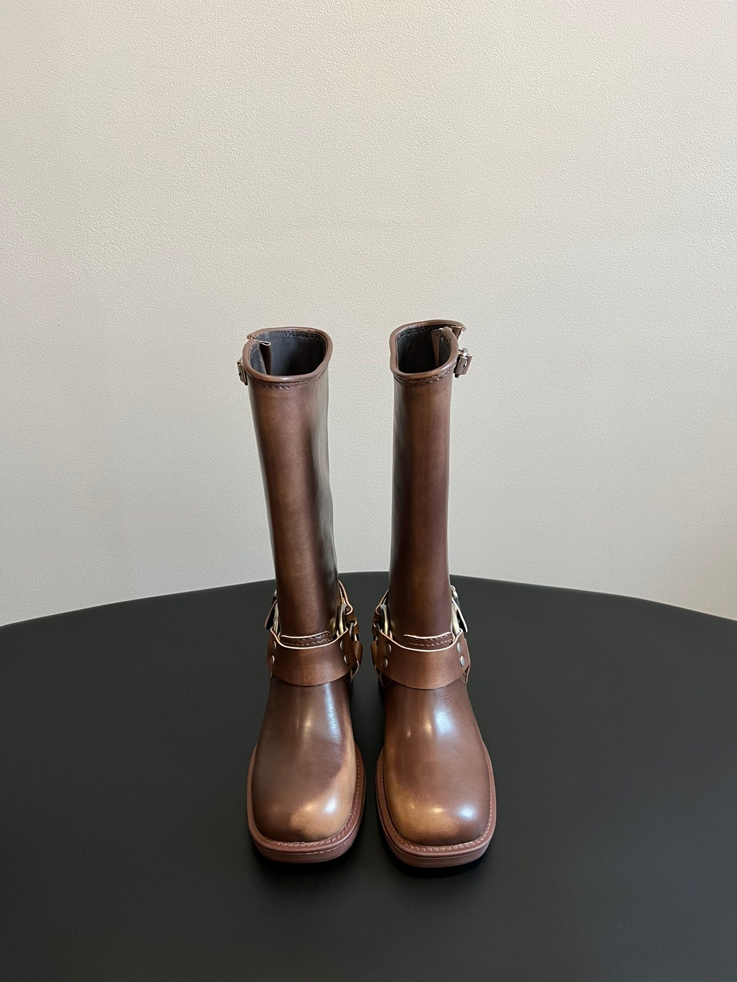 MIUMIU 26S KNEE-HIGH BOOTS IN BROWN CALFSKIN SILVER HARDWARE