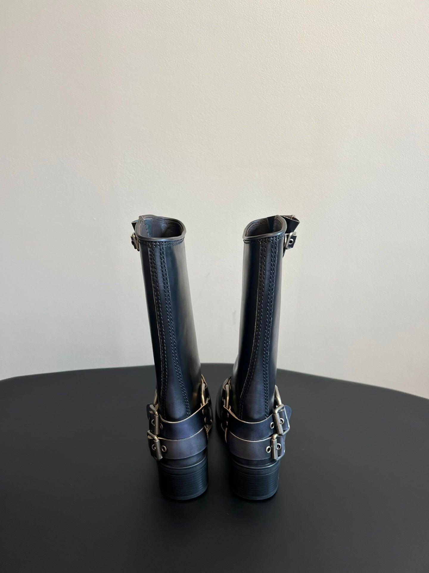 MIUMIU 26S KNEE-HIGH BOOTS IN BLACK CALFSKIN SILVER HARDWARE