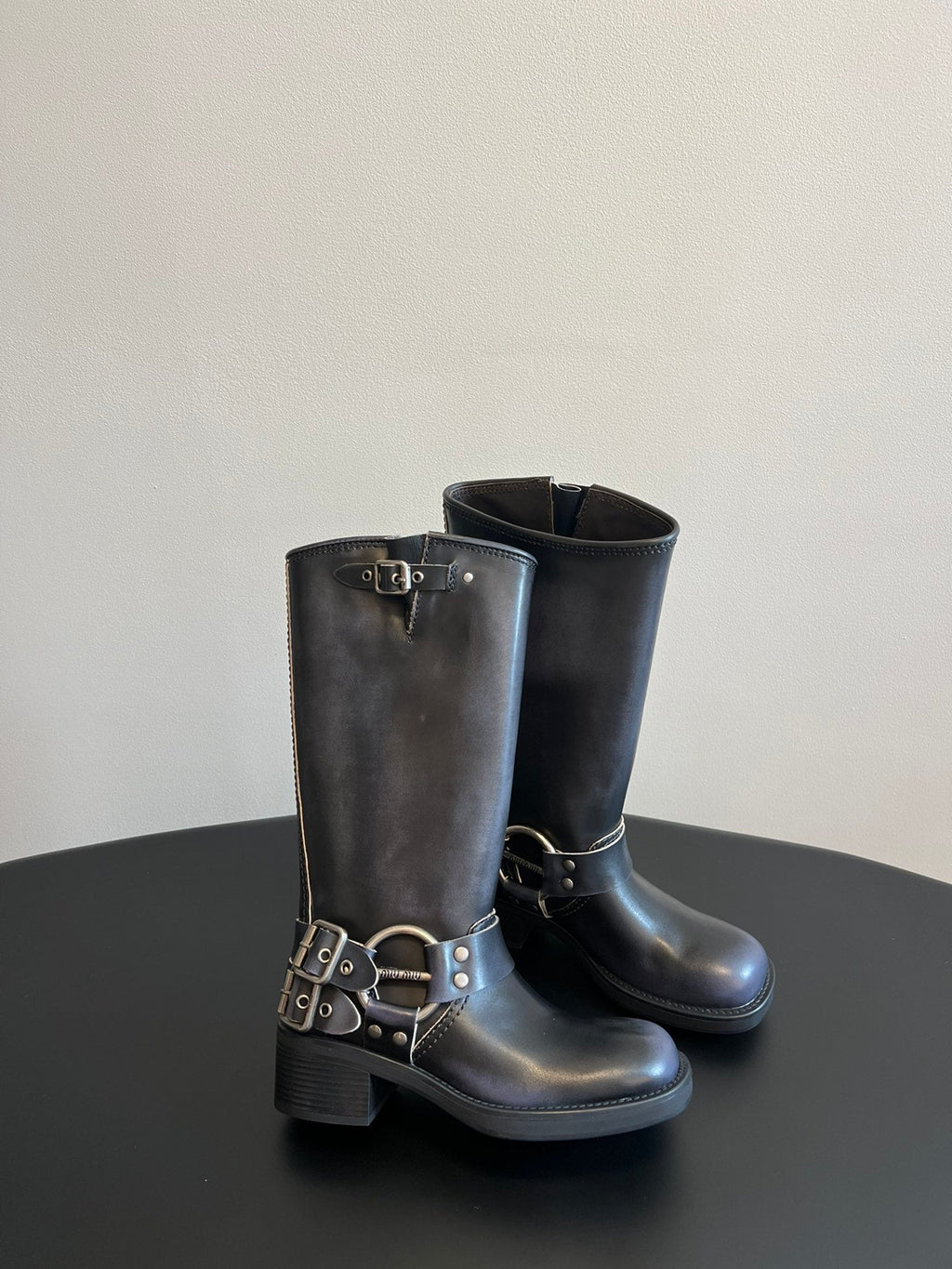 MIUMIU 26S KNEE-HIGH BOOTS IN BLACK CALFSKIN SILVER HARDWARE