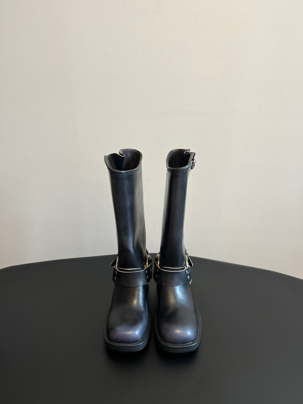 MIUMIU 26S KNEE-HIGH BOOTS IN BLACK CALFSKIN SILVER HARDWARE