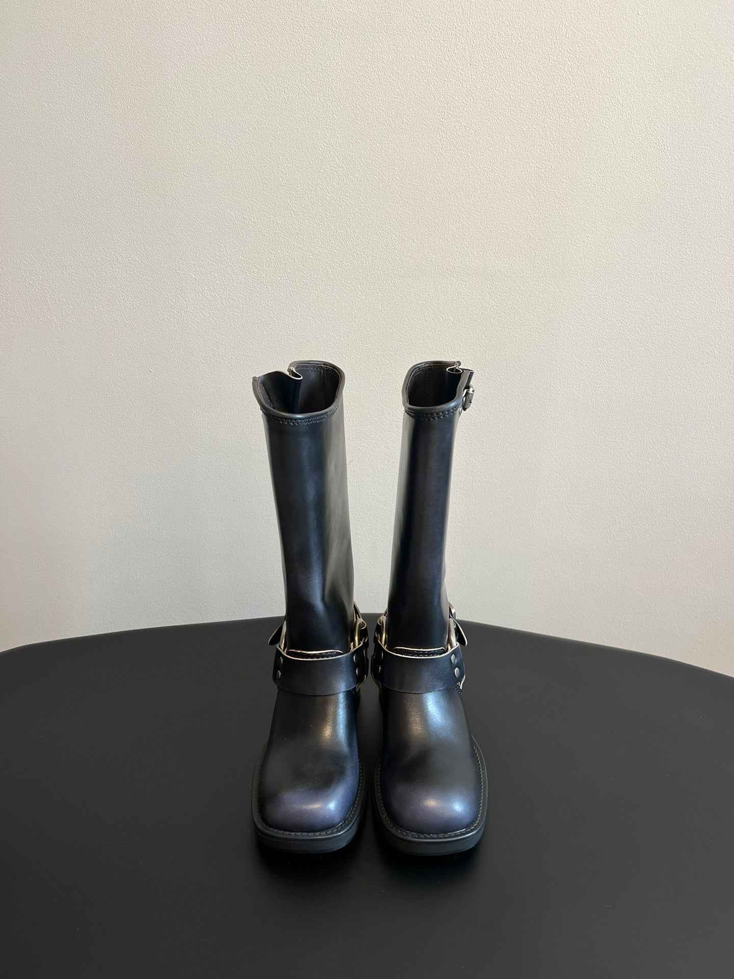 MIUMIU 26S KNEE-HIGH BOOTS IN BLACK CALFSKIN SILVER HARDWARE