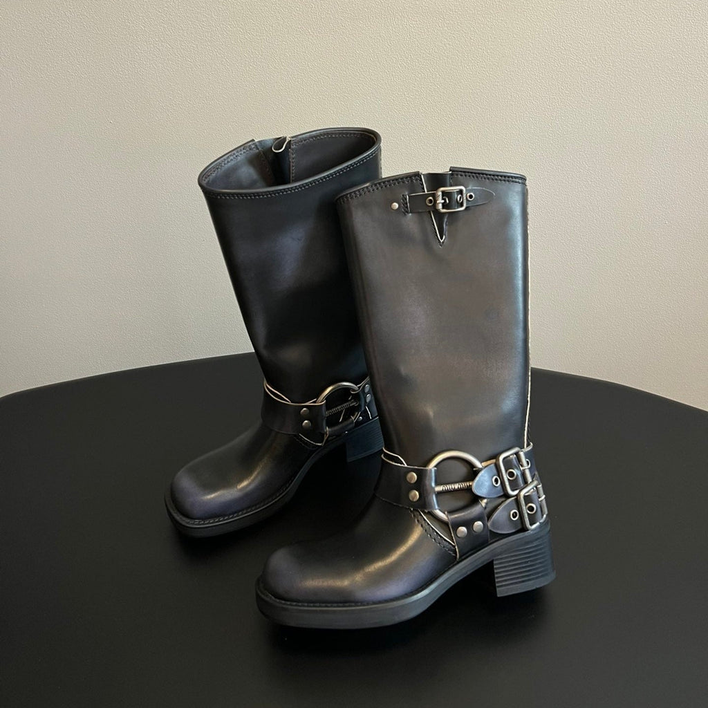 MIUMIU 26S KNEE-HIGH BOOTS IN BLACK CALFSKIN SILVER HARDWARE