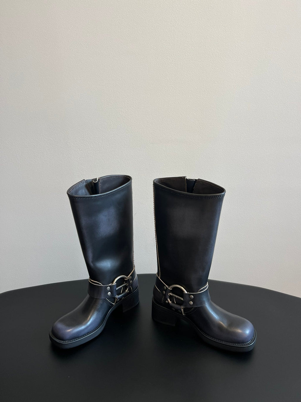 MIUMIU 26S KNEE-HIGH BOOTS IN BLACK CALFSKIN SILVER HARDWARE
