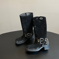 MIUMIU 26S KNEE-HIGH BOOTS IN BLACK SUEDE SILVER HARDWARE