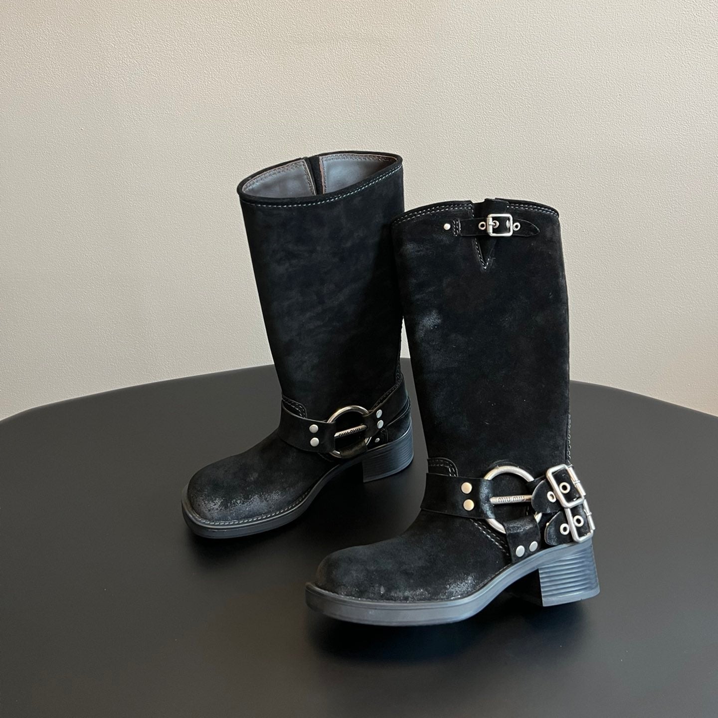 MIUMIU 26S KNEE-HIGH BOOTS IN BLACK SUEDE SILVER HARDWARE