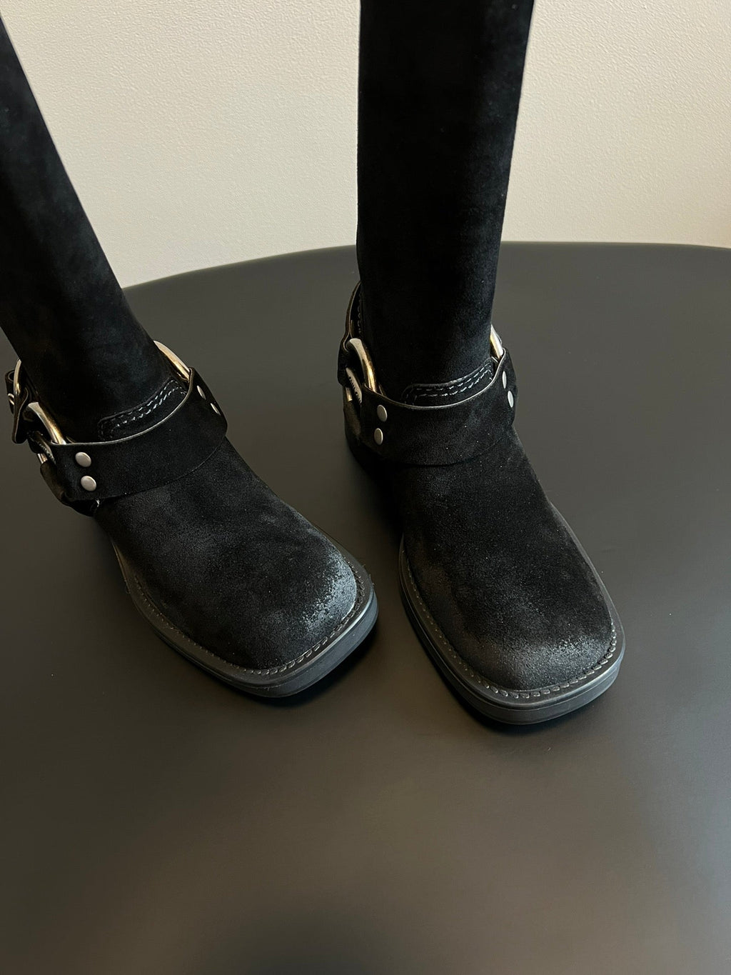 MIUMIU 26S KNEE-HIGH BOOTS IN BLACK SUEDE SILVER HARDWARE