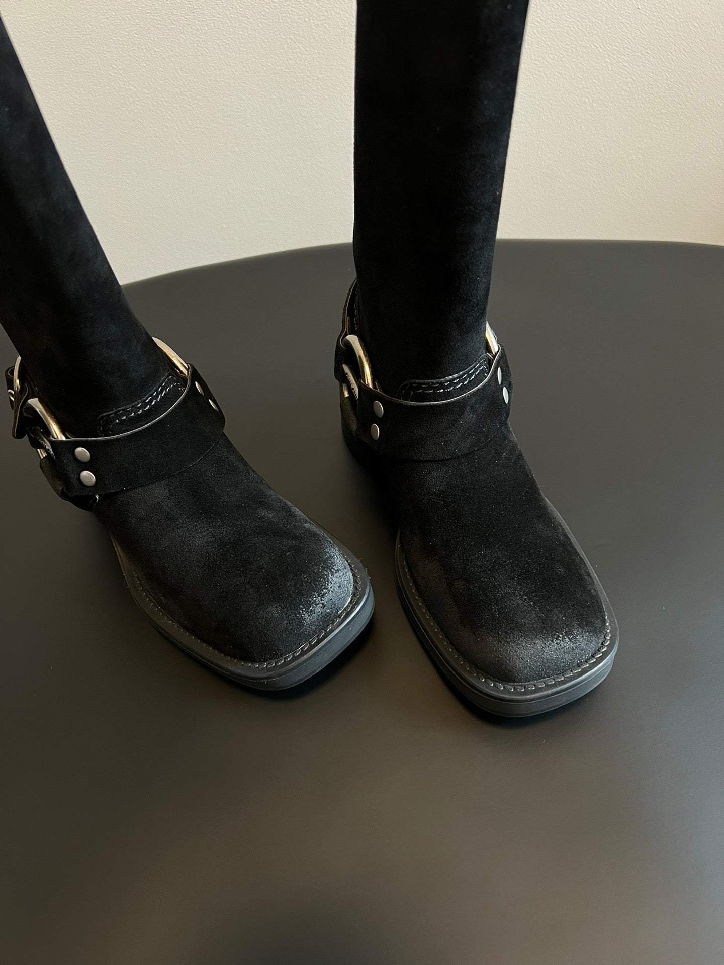 MIUMIU 26S KNEE-HIGH BOOTS IN BLACK SUEDE SILVER HARDWARE