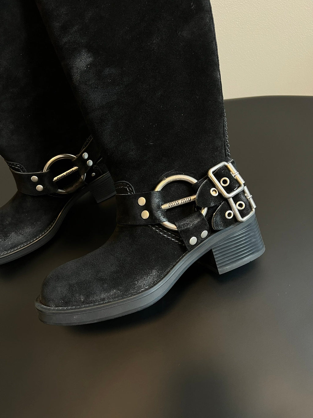 MIUMIU 26S KNEE-HIGH BOOTS IN BLACK SUEDE SILVER HARDWARE