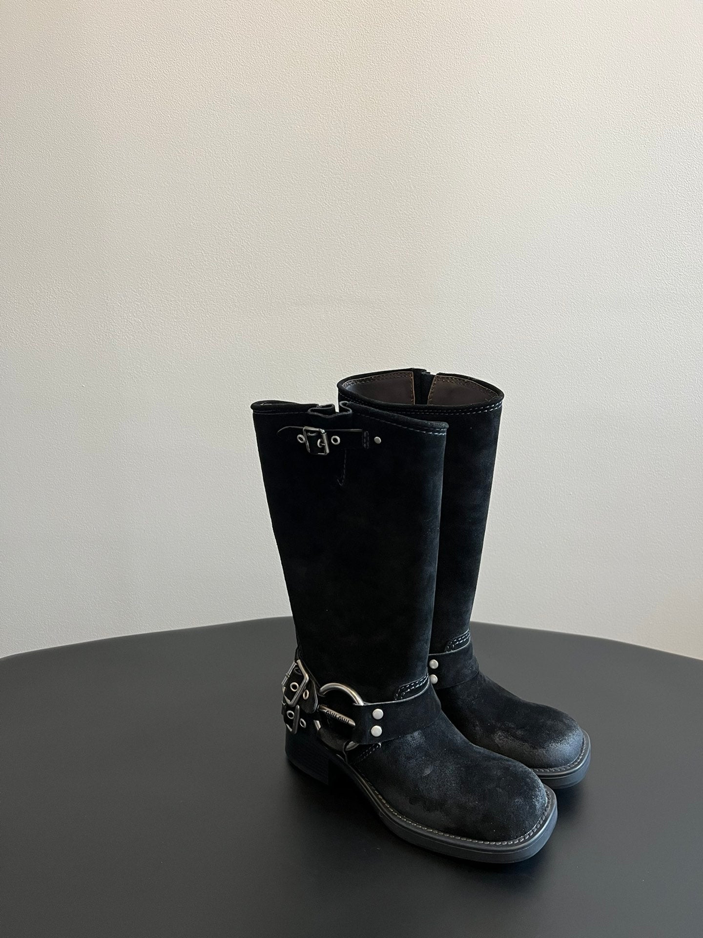 MIUMIU 26S KNEE-HIGH BOOTS IN BLACK SUEDE SILVER HARDWARE
