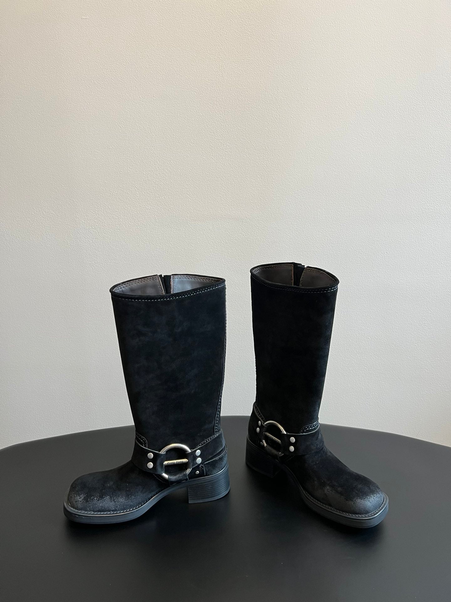 MIUMIU 26S KNEE-HIGH BOOTS IN BLACK SUEDE SILVER HARDWARE