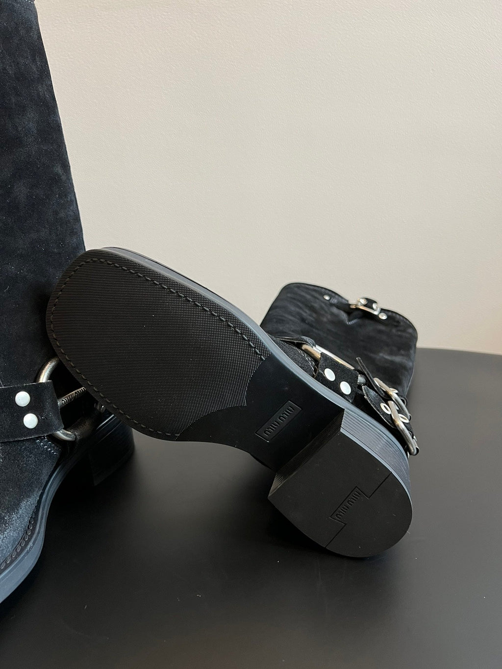 MIUMIU 26S KNEE-HIGH BOOTS IN BLACK SUEDE SILVER HARDWARE