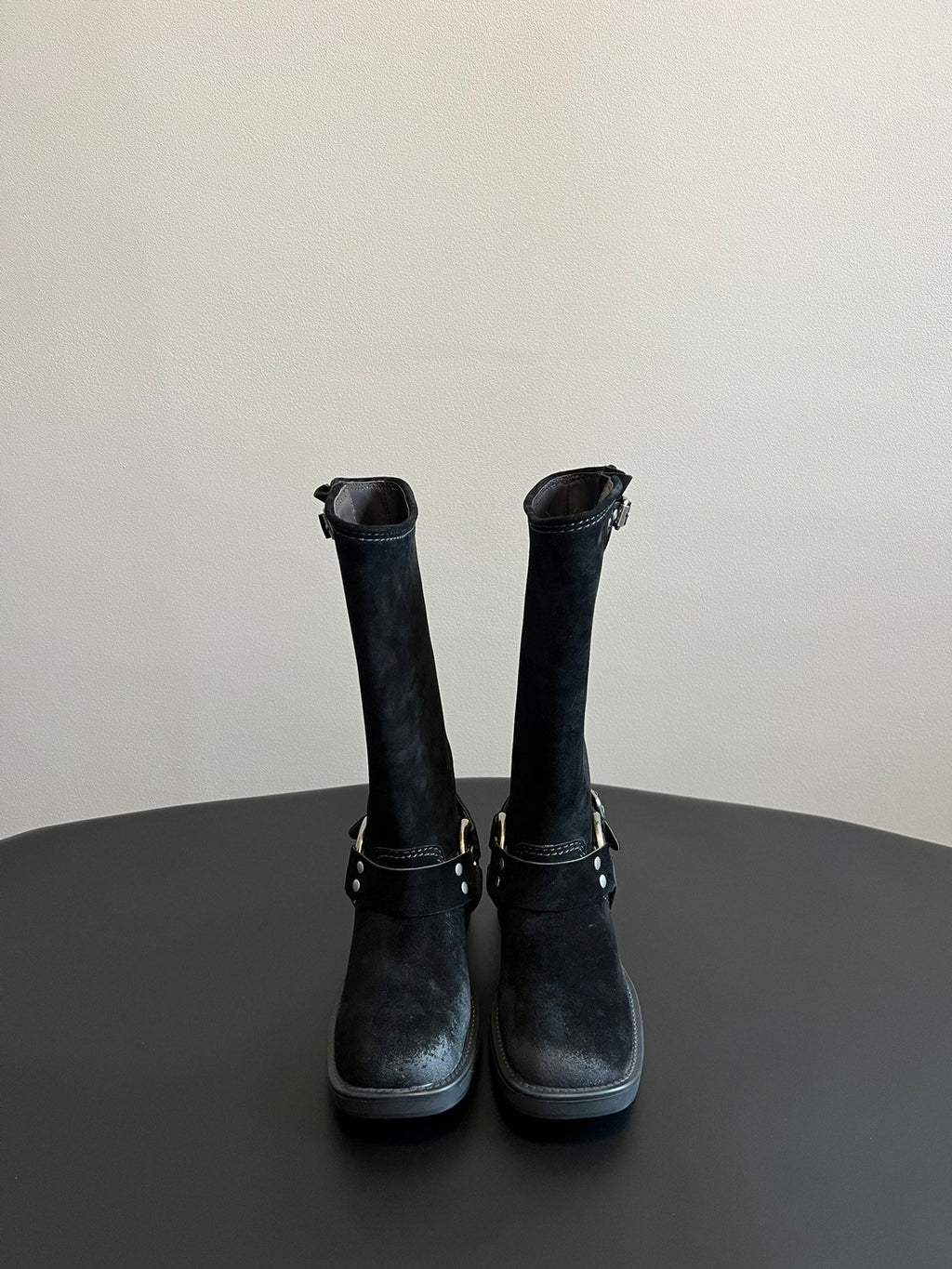MIUMIU 26S KNEE-HIGH BOOTS IN BLACK SUEDE SILVER HARDWARE