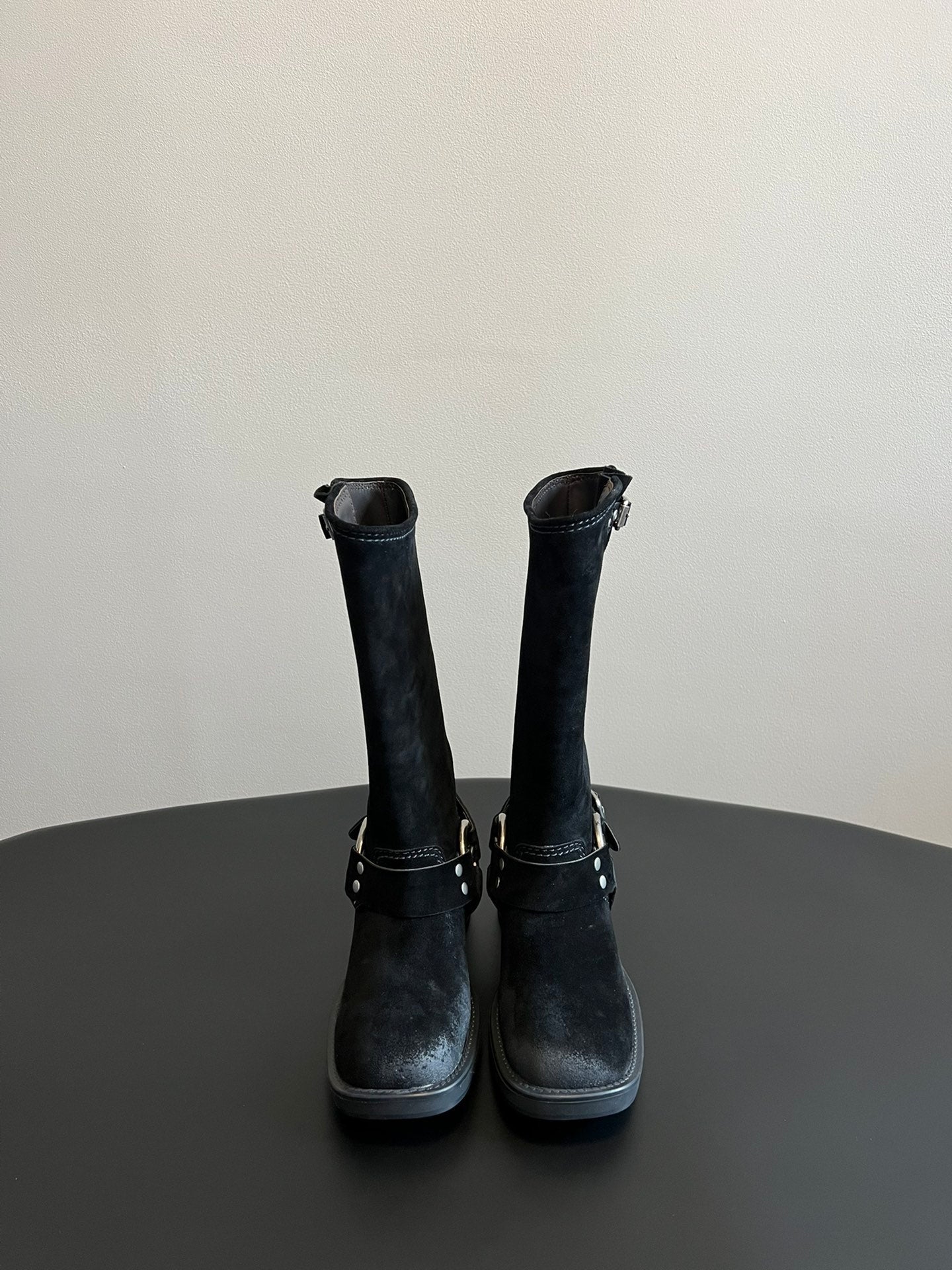 MIUMIU 26S KNEE-HIGH BOOTS IN BLACK SUEDE SILVER HARDWARE