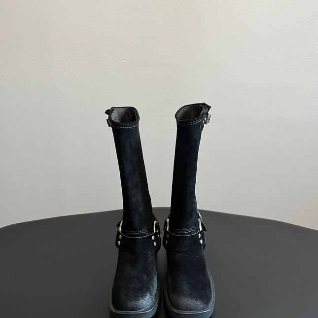 MIUMIU 26S KNEE-HIGH BOOTS IN BLACK SUEDE SILVER HARDWARE