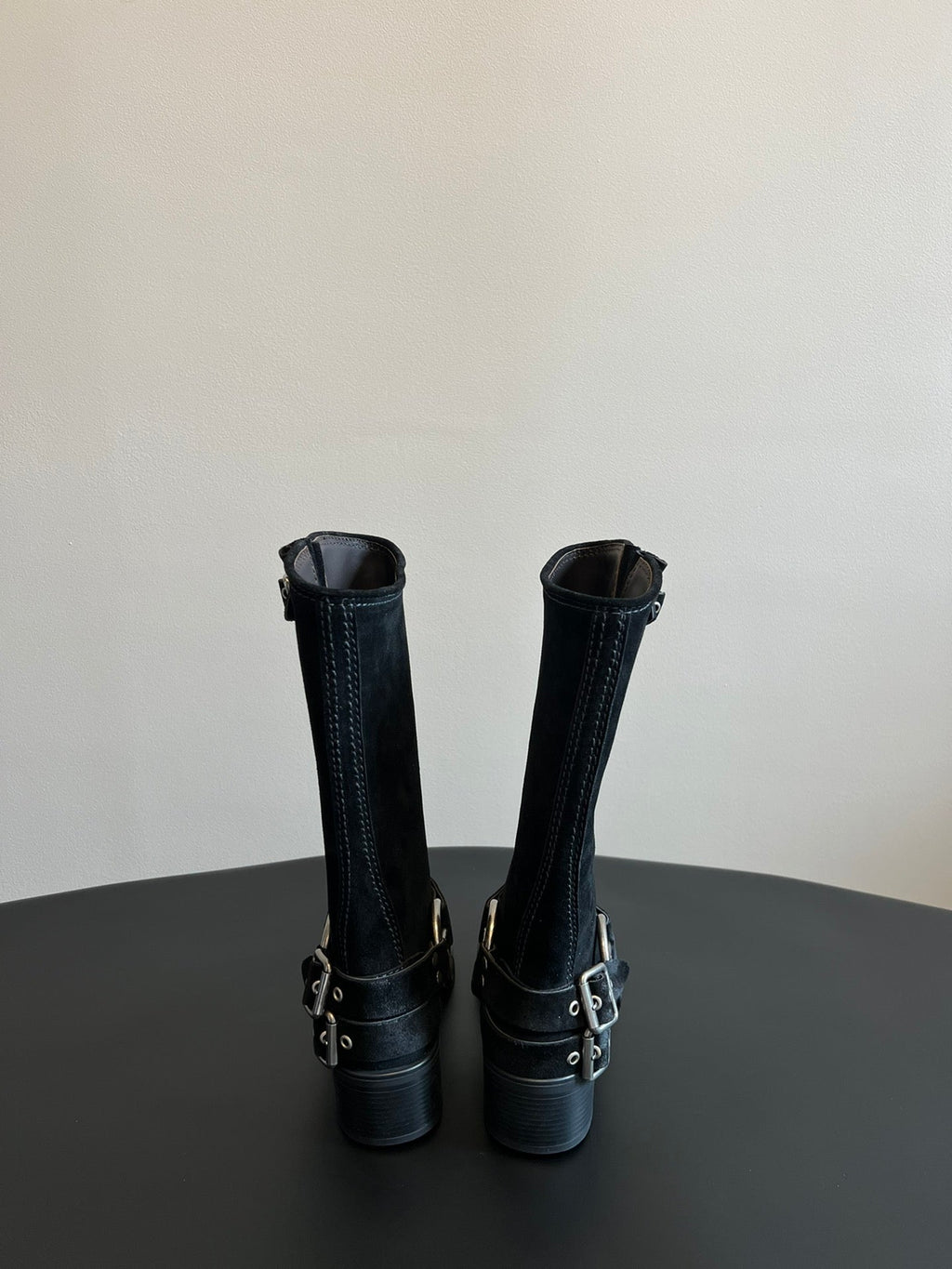 MIUMIU 26S KNEE-HIGH BOOTS IN BLACK SUEDE SILVER HARDWARE