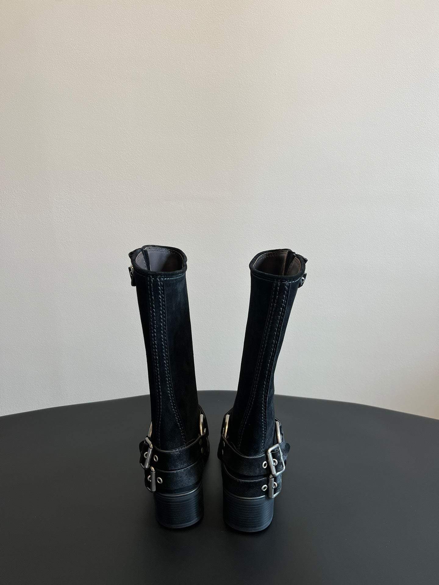 MIUMIU 26S KNEE-HIGH BOOTS IN BLACK SUEDE SILVER HARDWARE
