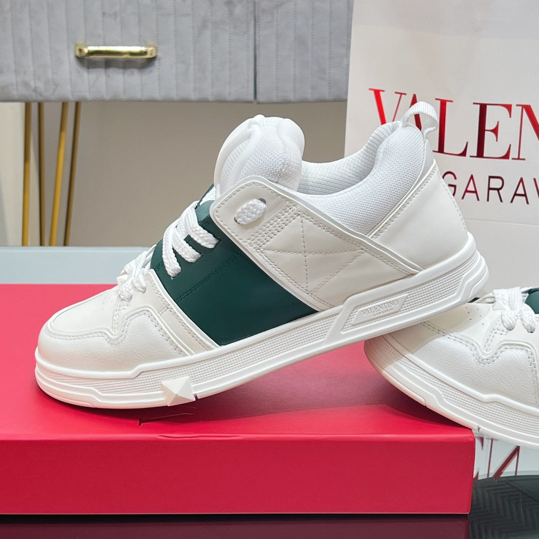 VALENTINO 25S GARAVANI OPEN SKATE SNEAKERS IN WHITE MIX DARK GREEN LAMBSKIN STYLE 12