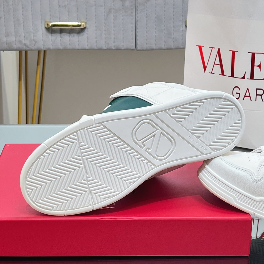 VALENTINO 25S GARAVANI OPEN SKATE SNEAKERS IN WHITE MIX DARK GREEN LAMBSKIN STYLE 12