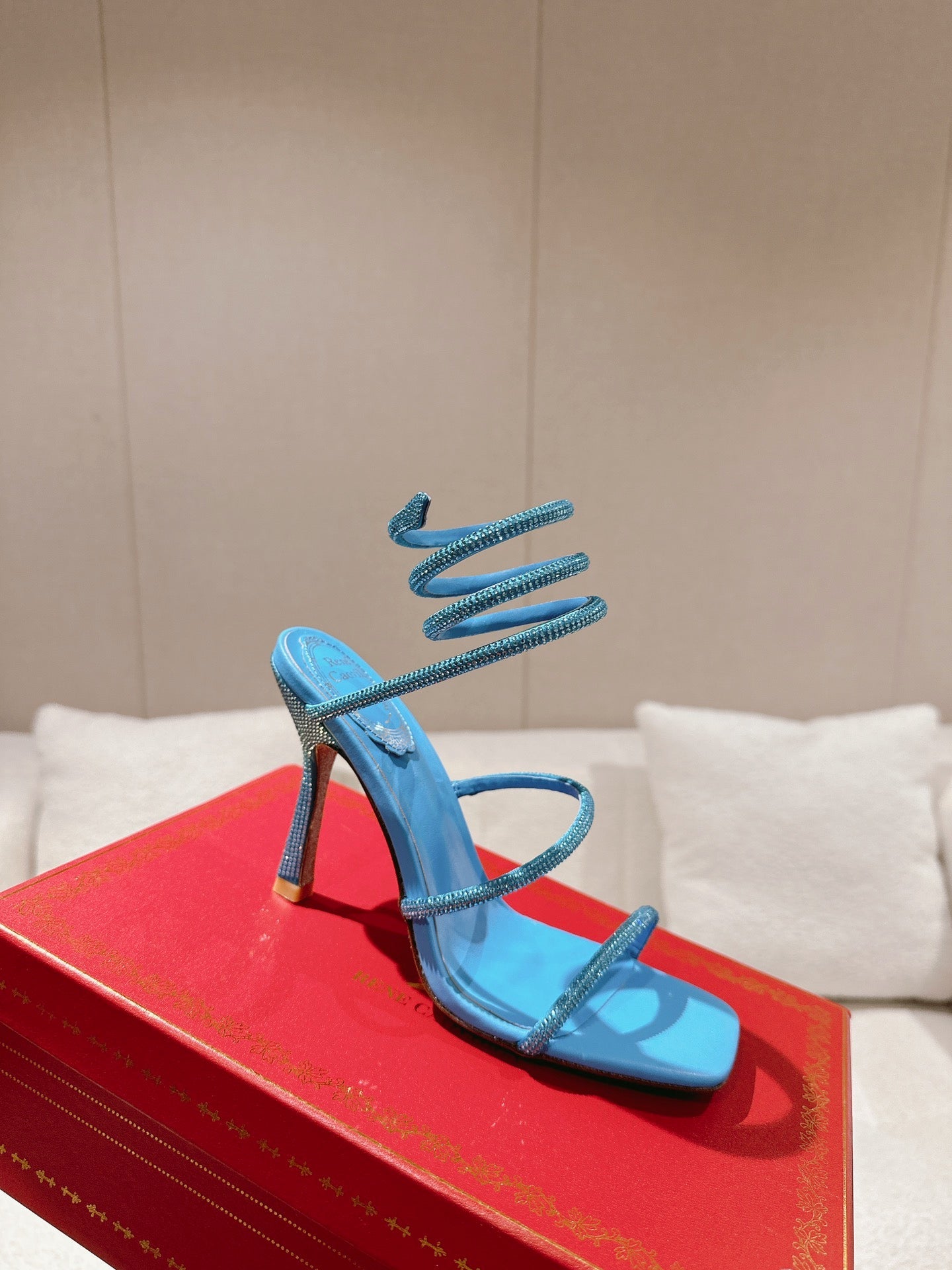 RENE CAOVILLA 26S SQUARE TOE ANKLE STRAP SANDALS 95 MM IN SKY BLUE LAMBSKIN