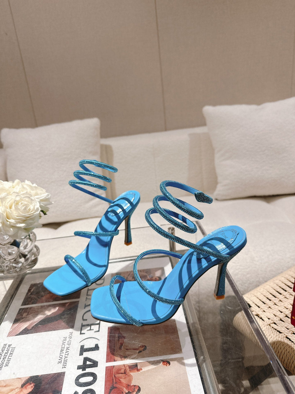 RENE CAOVILLA 26S SQUARE TOE ANKLE STRAP SANDALS 95 MM IN SKY BLUE LAMBSKIN