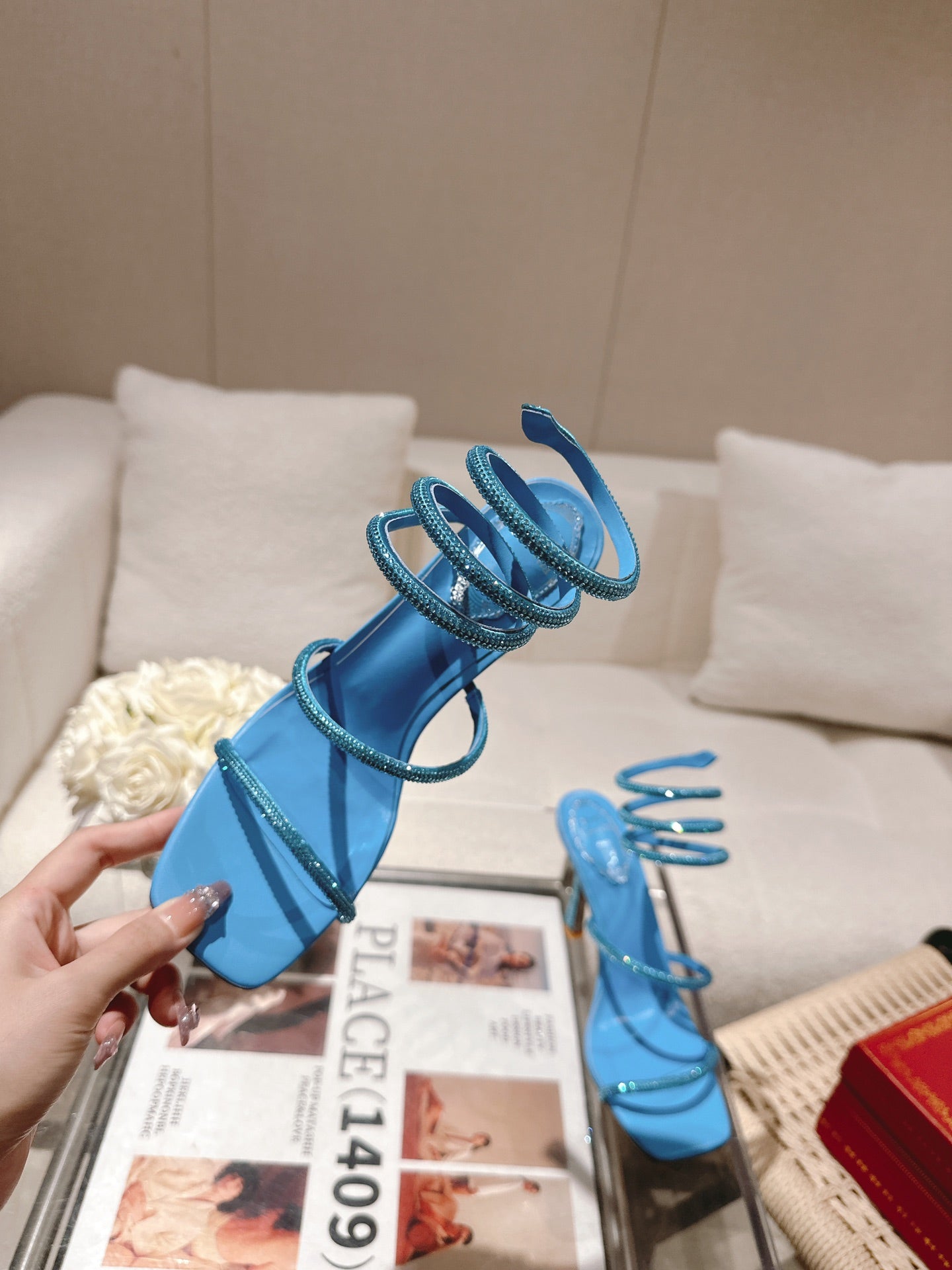 RENE CAOVILLA 26S SQUARE TOE ANKLE STRAP SANDALS 95 MM IN SKY BLUE LAMBSKIN