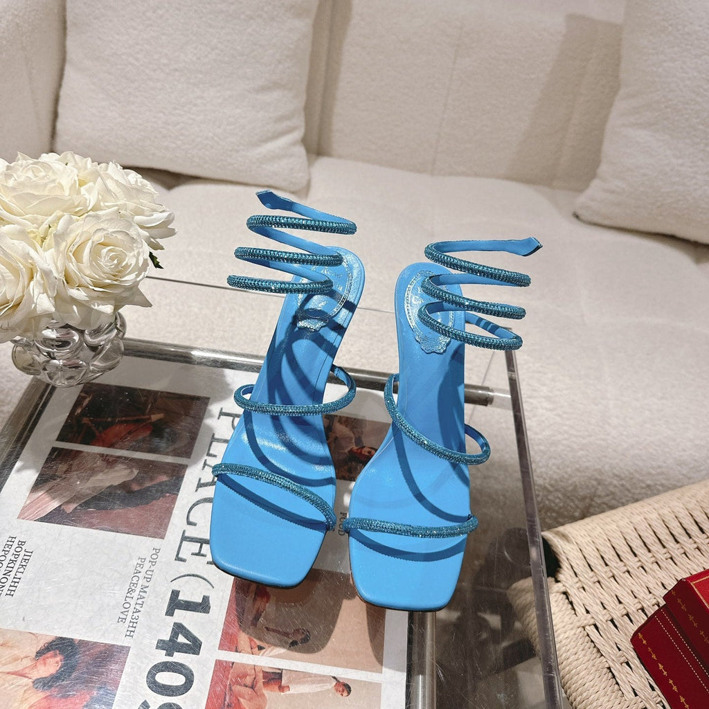 RENE CAOVILLA 26S SQUARE TOE ANKLE STRAP SANDALS 95 MM IN SKY BLUE LAMBSKIN