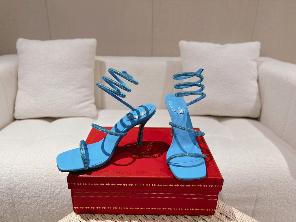 RENE CAOVILLA 26S SQUARE TOE ANKLE STRAP SANDALS 95 MM IN SKY BLUE LAMBSKIN