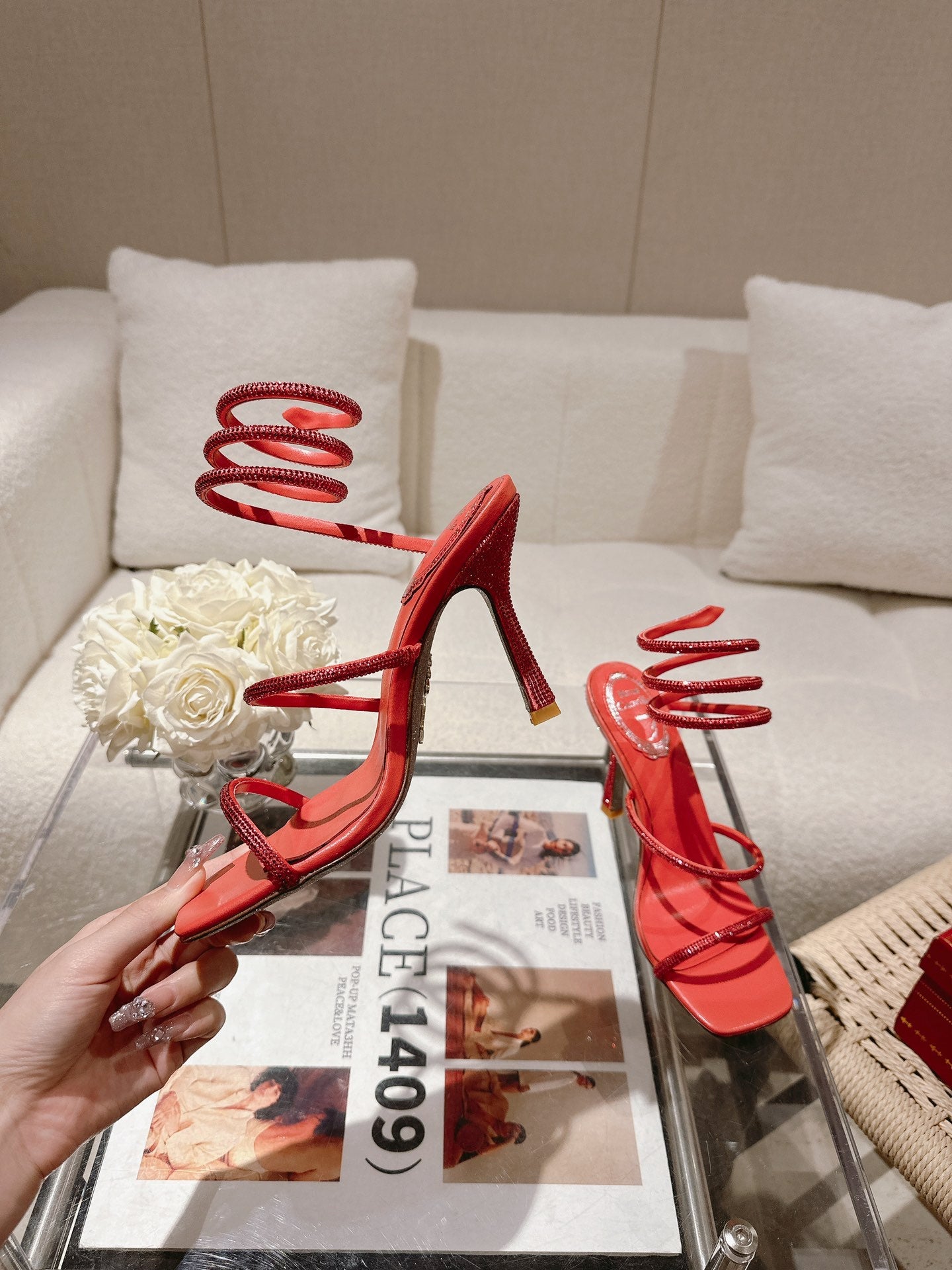 RENE CAOVILLA 26S SQUARE TOE ANKLE STRAP SANDALS 95 MM IN RED LAMBSKIN