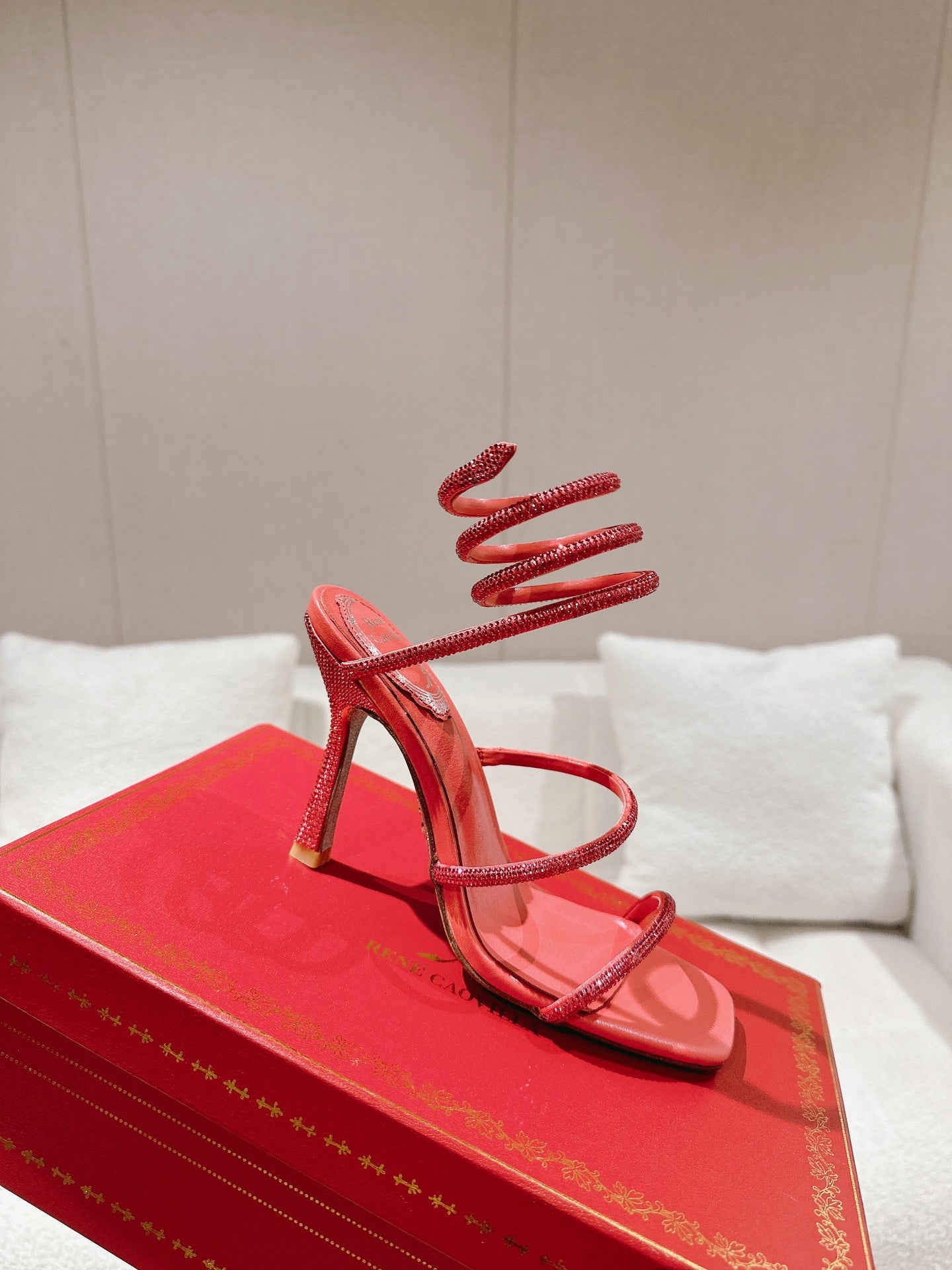 RENE CAOVILLA 26S SQUARE TOE ANKLE STRAP SANDALS 95 MM IN RED LAMBSKIN