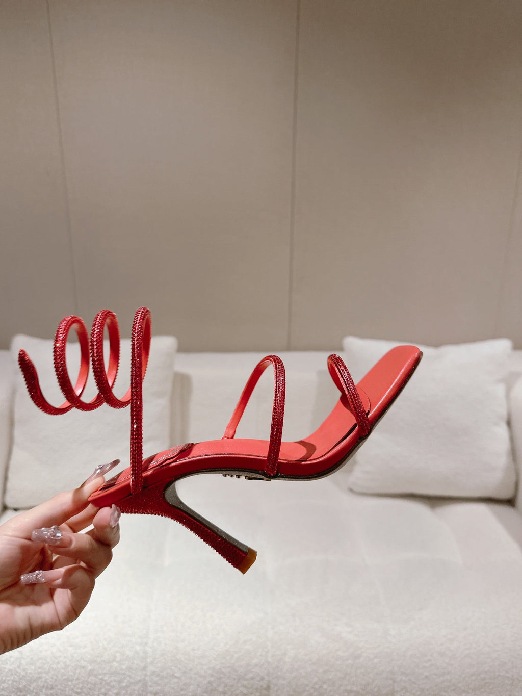 RENE CAOVILLA 26S SQUARE TOE ANKLE STRAP SANDALS 95 MM IN RED LAMBSKIN