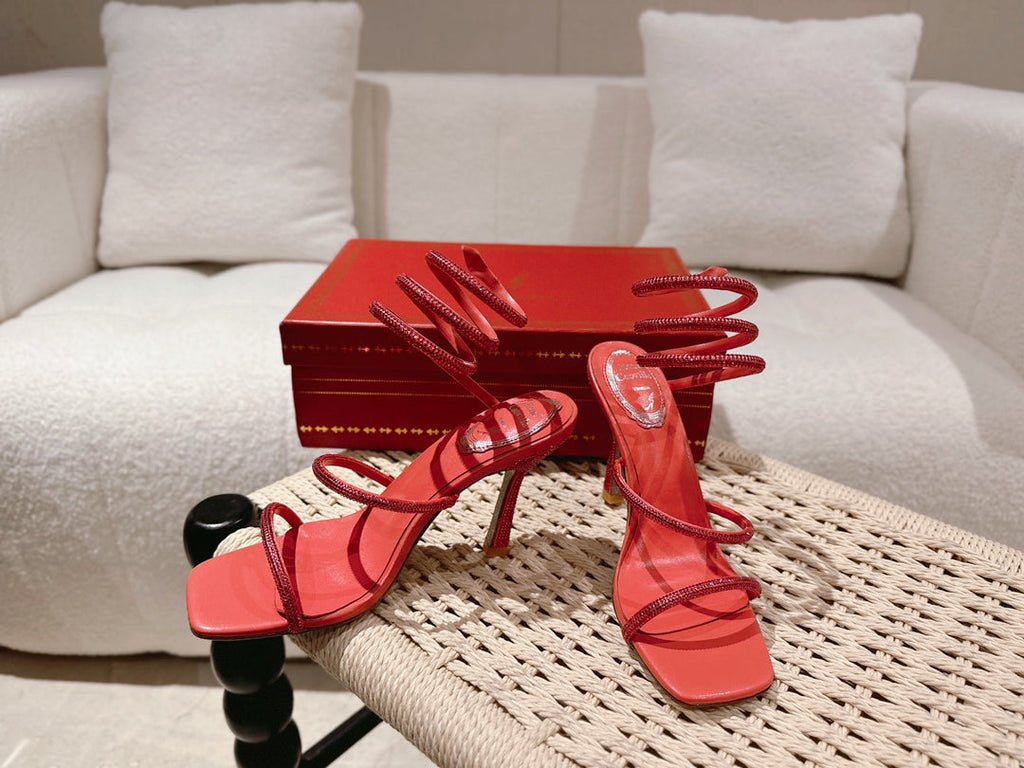 RENE CAOVILLA 26S SQUARE TOE ANKLE STRAP SANDALS 95 MM IN RED LAMBSKIN