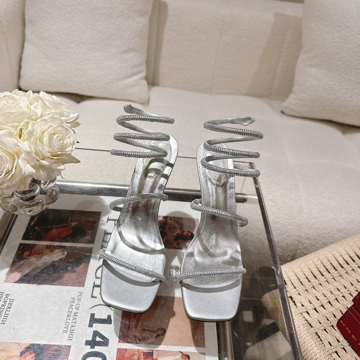 RENE CAOVILLA 26S SQUARE TOE ANKLE STRAP SANDALS 95 MM IN SILVER LAMBSKIN