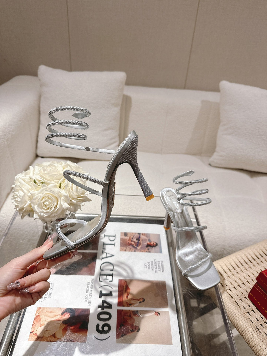 RENE CAOVILLA 26S SQUARE TOE ANKLE STRAP SANDALS 95 MM IN SILVER LAMBSKIN