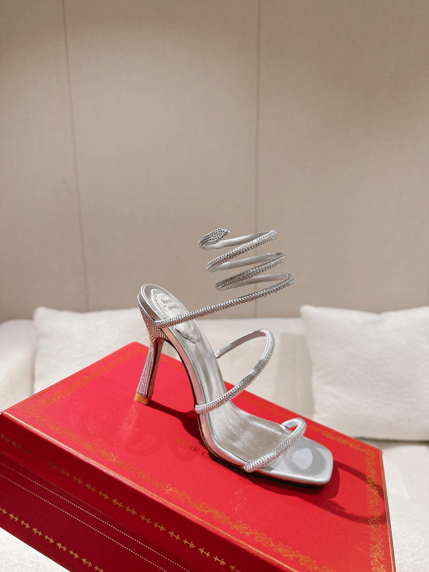 RENE CAOVILLA 26S SQUARE TOE ANKLE STRAP SANDALS 95 MM IN SILVER LAMBSKIN