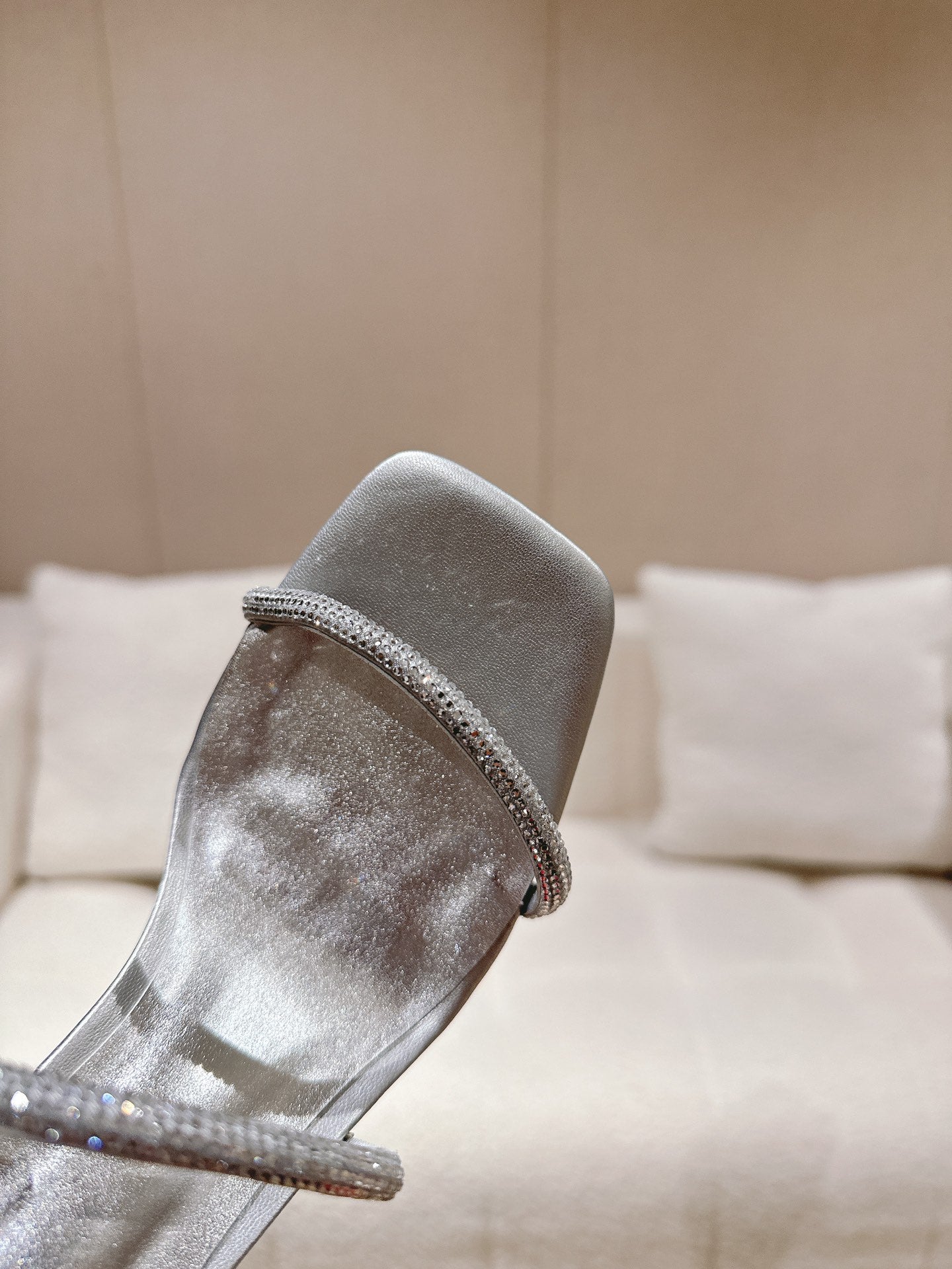 RENE CAOVILLA 26S SQUARE TOE ANKLE STRAP SANDALS 95 MM IN SILVER LAMBSKIN