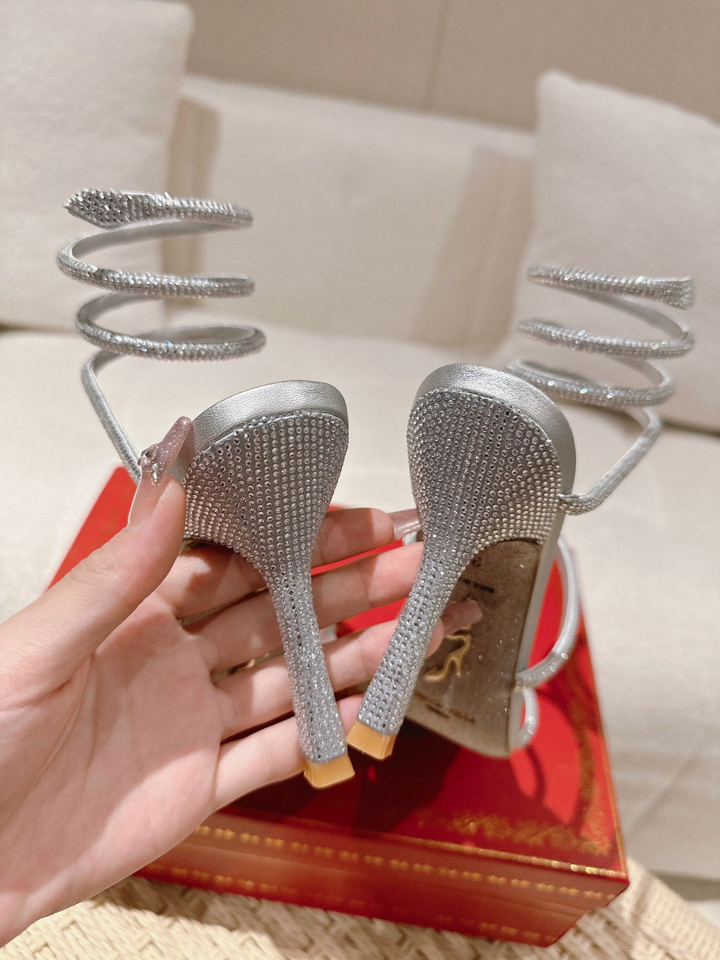 RENE CAOVILLA 26S SQUARE TOE ANKLE STRAP SANDALS 95 MM IN SILVER LAMBSKIN