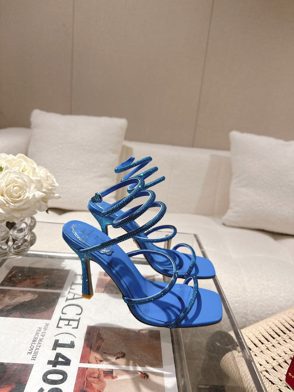 RENE CAOVILLA 26S SQUARE TOE ANKLE STRAP SANDALS 95 MM IN BLUE LAMBSKIN