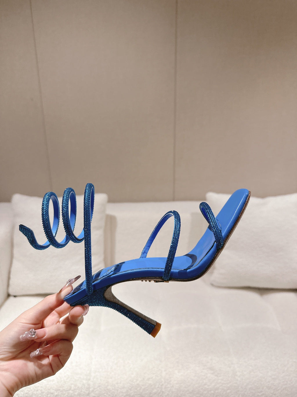 RENE CAOVILLA 26S SQUARE TOE ANKLE STRAP SANDALS 95 MM IN BLUE LAMBSKIN