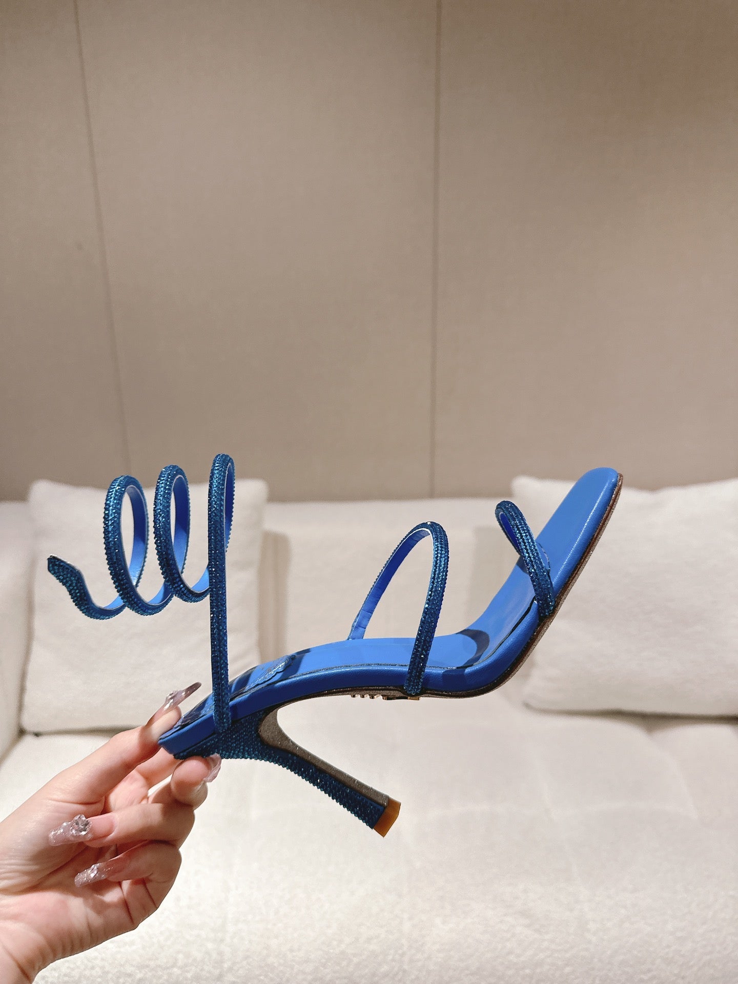RENE CAOVILLA 26S SQUARE TOE ANKLE STRAP SANDALS 95 MM IN BLUE LAMBSKIN