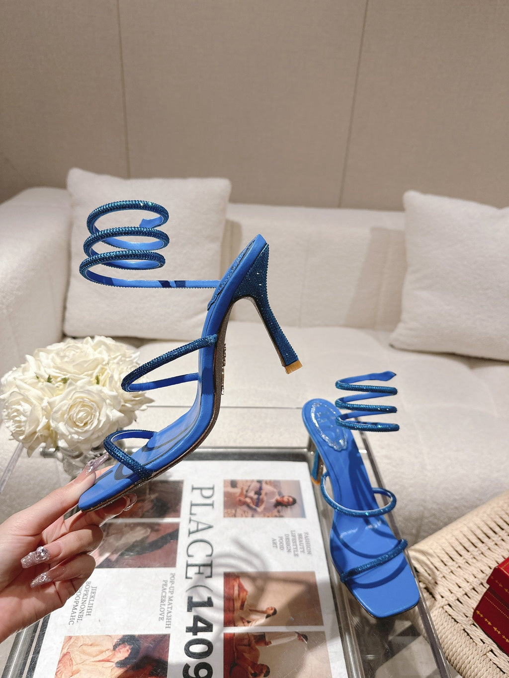 RENE CAOVILLA 26S SQUARE TOE ANKLE STRAP SANDALS 95 MM IN BLUE LAMBSKIN