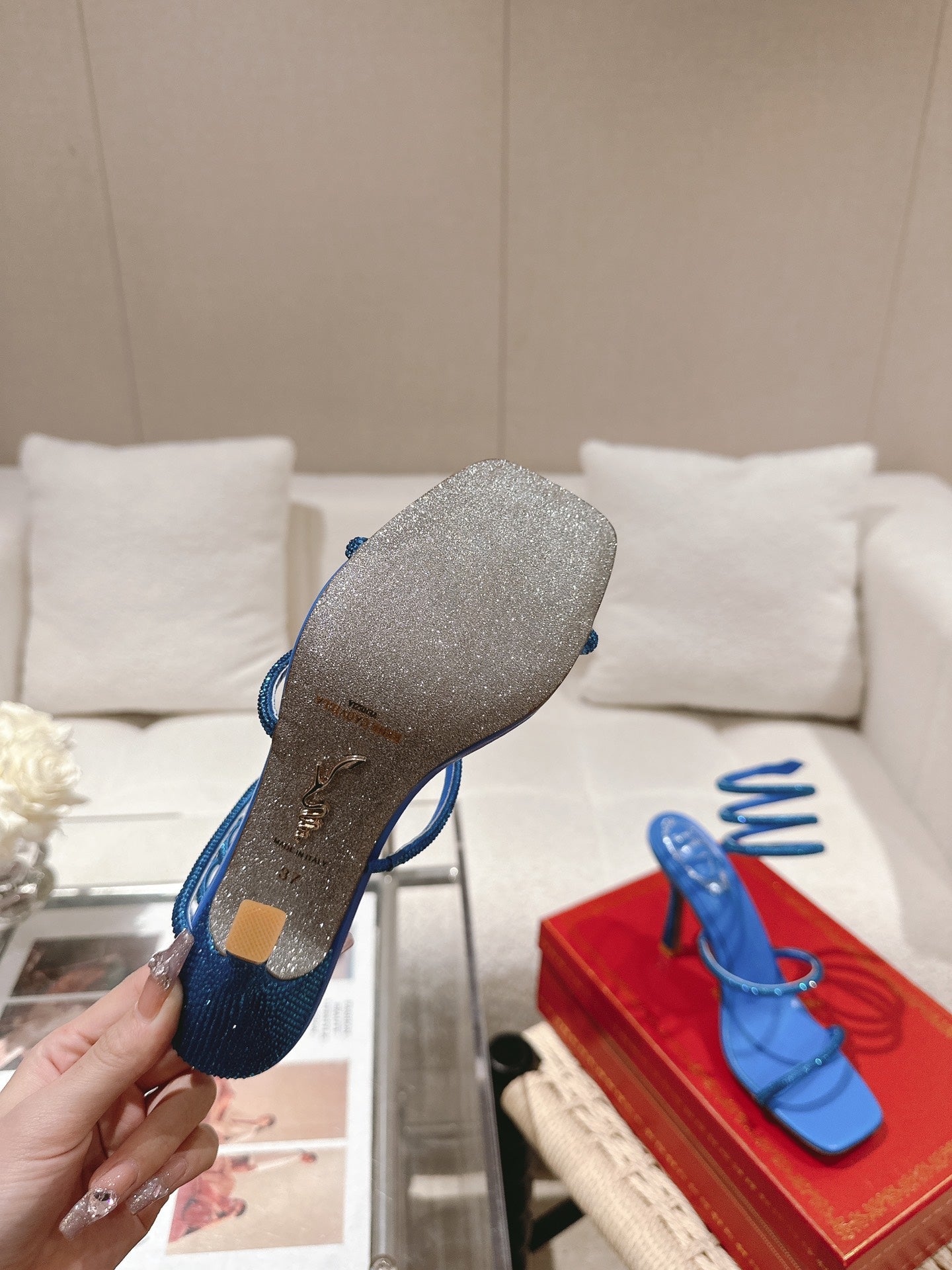 RENE CAOVILLA 26S SQUARE TOE ANKLE STRAP SANDALS 95 MM IN BLUE LAMBSKIN