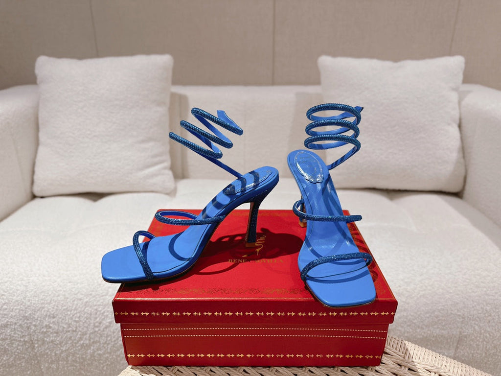 RENE CAOVILLA 26S SQUARE TOE ANKLE STRAP SANDALS 95 MM IN BLUE LAMBSKIN